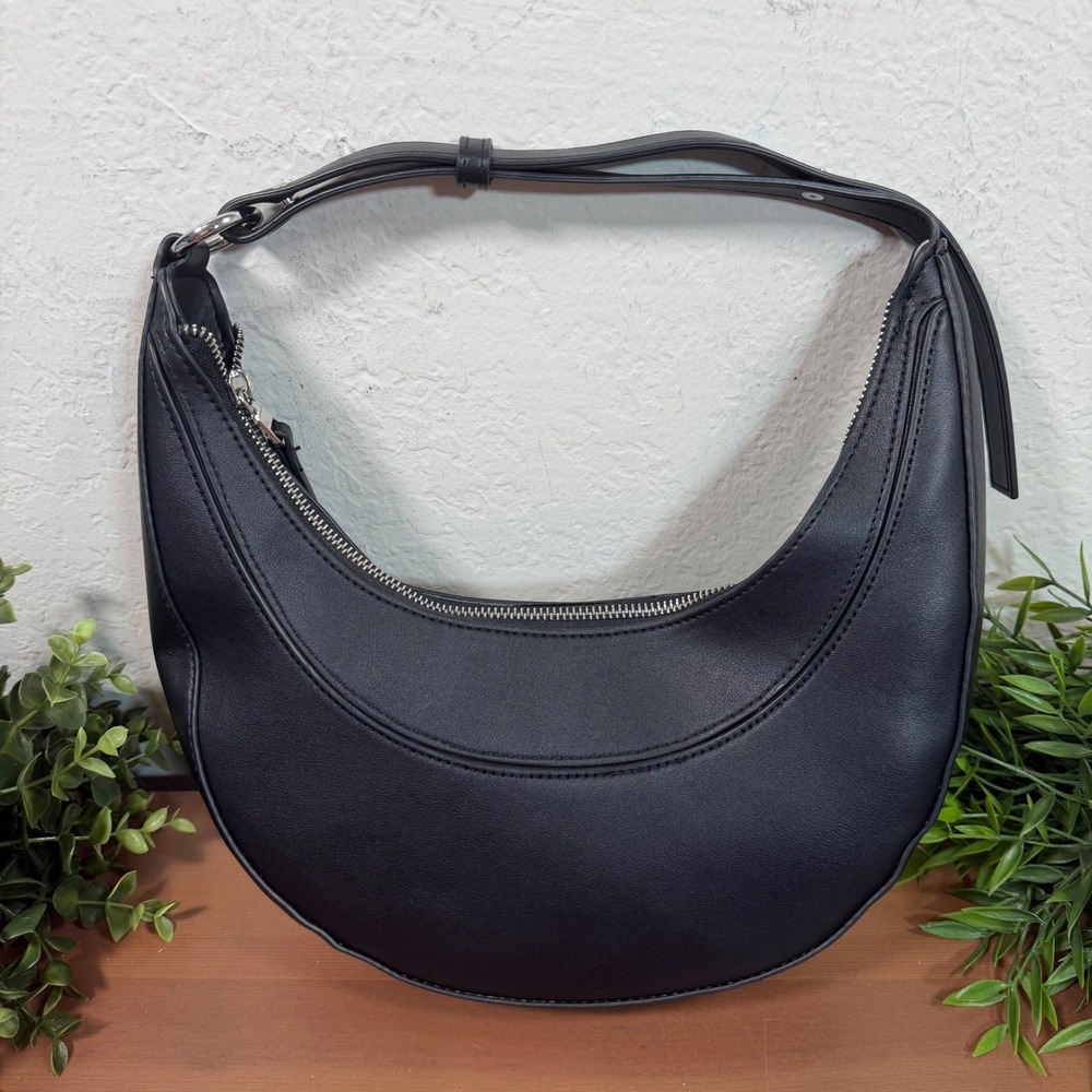 Mango Womens Crescent Black Faux Leather Hobo Shoulder Bag